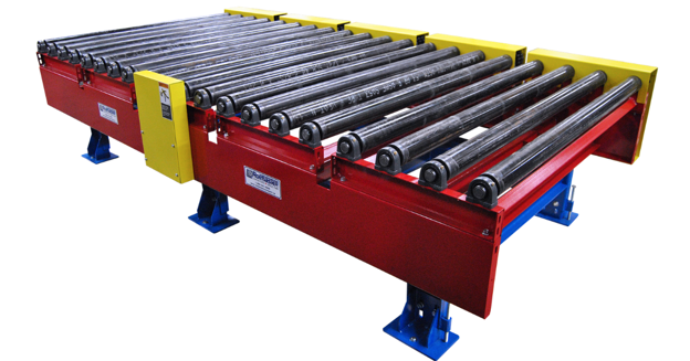 Brand new CDLR Conveyor with a red frame and yellow guarding, blue supports.