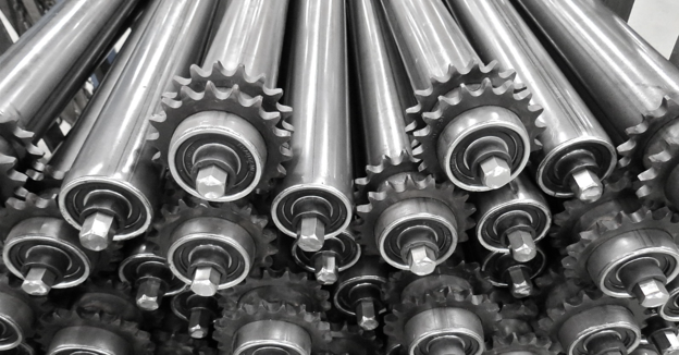 Batch of CDLR rollers showing the sprockets. One of the various types of conveyor rollers.